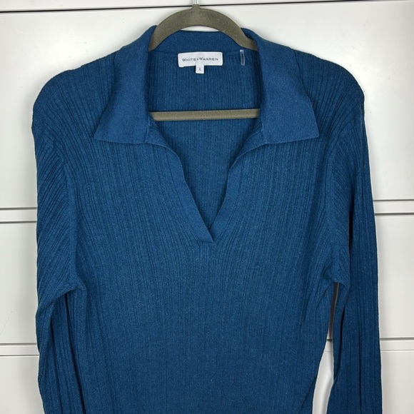 White + Warren Teal Ribbed Collared Sweater - L - Picture 2 of 8